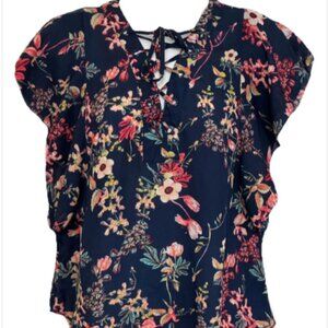 A.N.A Ladies Medium Multicolor Floral Short Ruffle cap Sleeve Tie V Neck Blouse